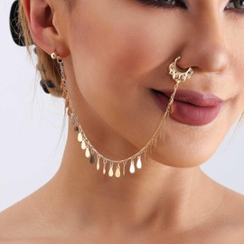 Inateannal Punk Fake Nose Ring Chain Gold Sequins Tassel Nose Ring Vintage Tassel Dangle Nose Ring Hoop Fake Nose to Ear Chain with Studs Indian Jewellery for Women Girls, Stainless Steel