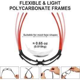 Startop TR90 Frame Road Bike Sunglasses, Sports Sunglasses, 3/5 Lens Replacement, Polarized, UV400, Fully Blocked, Baseball, Running, Fishing, Driving, Unisex, Ultra Lightweight, A,3 lens, black & red