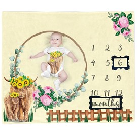Highland Cow Baby Stuff, Baby Monthly Milestone Blanket for Newborn Photo Taken - Baby Age Blanket with 2 Photo Frame