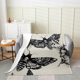 Death Moth Throw Blanket for Boys Girls Adult,Gothic Death Skull Flannel Blanket Lightweight Warm Queen,Youth Bohemian Fleece Blanket Ultra Soft,Young Man Skeleton Bones Plush Blanket Bedroom Decor