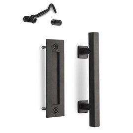 MJC & Company - 12" Square Modern Sliding Barn Door Handle Pull/Flush Combo and Privacy Lock - Indoor/Outdoor Hardware Set - Black Powder Coated Steel for Bedroom, Bathroom, Closet, Shed, or Gate