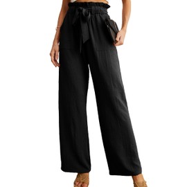 IWOLLENCE Women's Wide Leg Pants with Pockets High Waist Adjustable Knot Loose Casual Trousers Business Work Casual Pants Black Medium