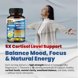 VEGATOT Organic Cortisol Wellness Complex 15-in-1 Formula with Magnesium Ashwagandha St. John's Wort Valerian Rhodiola Rosea Passionflower Chamomile