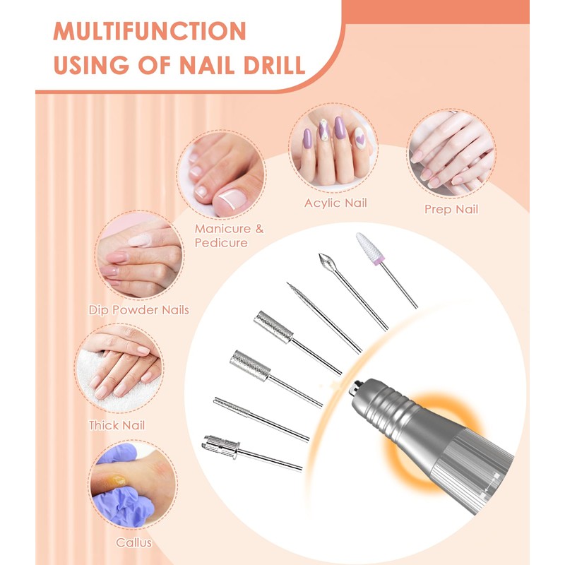 Portable Electric Nail Drill Machine: 40000RPM Professional E-File, Rechargeable Cordless