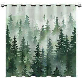 Nature Forest Blackout Curtains for Girls Boy Home Decor, Misty Sage Green Fog Woodland Pine Tree Grommet Thermal Insulated Drapes Darkening Window Curtain for Bedroom Living Room, 42 x 45 Inch