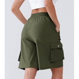 YIPINK Women's Hiking Cargo Shorts with Pockets Quick Dry Lightweight Wide Leg Knee Length Outdoor Summer Shorts Army Green