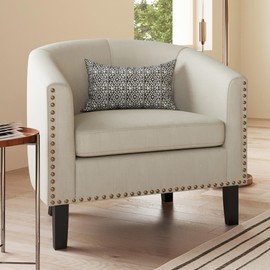 BELLEZE Accent Barrel Chair, Modern Tub Club Chair Upholstered Armchair with Gold Nail Head Trim and Black Legs for Living Room Bedroom Apartment Lounge - Beige/Linen