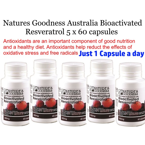5 x 60 NATURE'S GOODNESS Red Grape Bioactivated Resveratrol 500mg * Anti Aging *