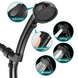 MIAOHUI Modern Handheld Shower Head with On/Off Switch, 3 Spray Settings, Removable Shower Head with Hose, Angle Adjustable Shower Bracket, Teflon Tape, Black