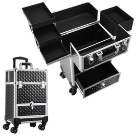 Hododou Rolling Makeup Case Cosmetic Travel Trolley Storage Sliding Drawer 4 Tray Makeup Travel Case with Wheels Salon Barber Case Traveling Cart Trunk for Cosmetologist Nail Tech Hairstylist Black