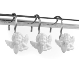 Twofish Home White Angel Shower Curtain Hooks White Angel Anti Rust Shower Curtain Hooks Decorative Resin White Angel Shower Curtain Rings Set of 12
