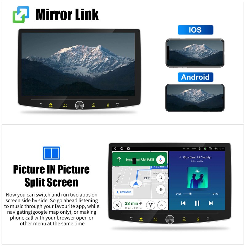 ESSGOO 1DIN 10" 360° Rotatable Car Stereo Touchscreen Screen Bluetooth