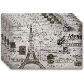 Vinyl Rectangular Placemats Set of 4 - Non Slip Place Mats Ideal for Indoor and Outdoor Dining Table - Washable and Heat Resistant Table Mat for Kitchen Tables (Paris)