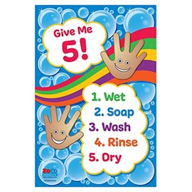 Give Me 5 Handwashing Poster - Laminated, 12 x 18 inches - Wash Hands Sign for Kids - Hand Hygiene Health Poster for Daycare, Pre K and Elementary - School Nurse Office Decorations