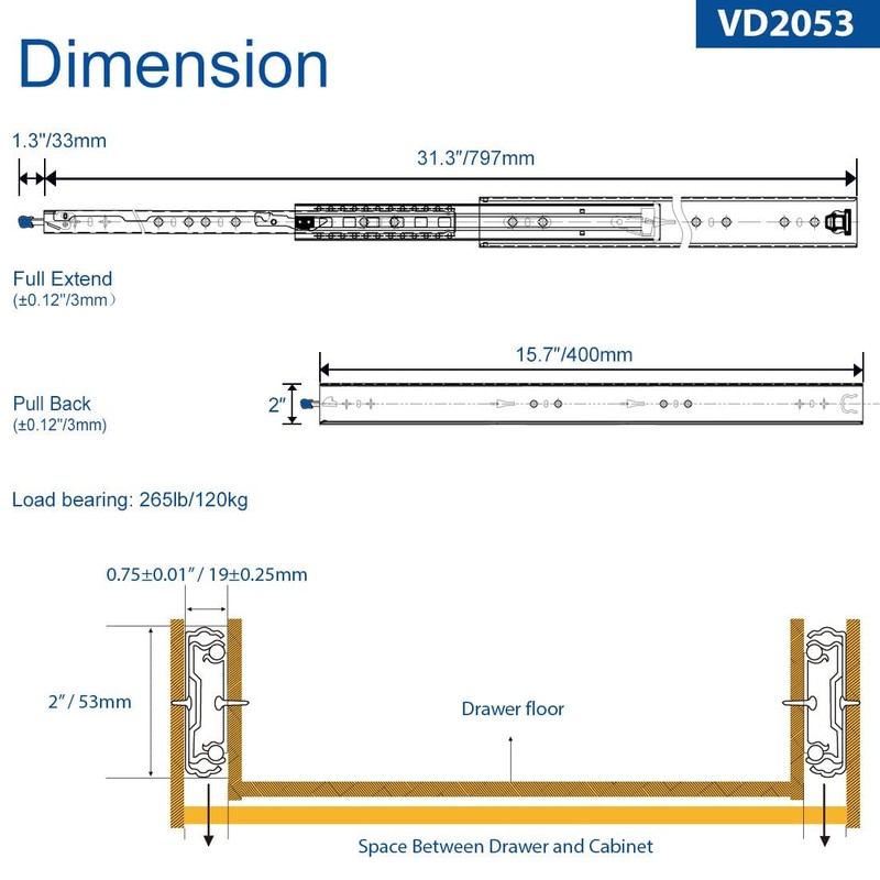 VADANIA 16" Heavy Duty Drawer Slide with Lock #VD2053, 2"