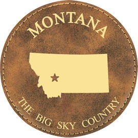 Montana State Outline with Motto 4" Round Leather 6-Coaster Set with Holder (Brown with Gold Lettering)