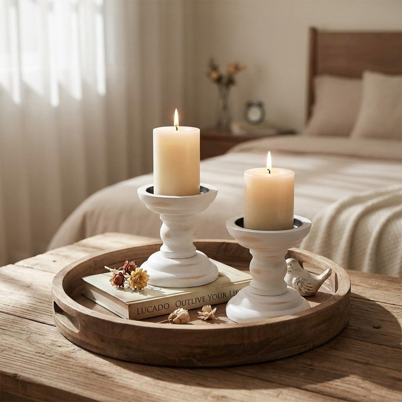 4 Pcs Wood Pillar Candle Holder Rustic White Candle Holder