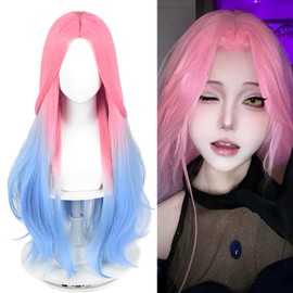 FILMIA 30 Inch Wig for Mizi Cosplay, Anime Pink Blue Ombre MIxed Straight Woman Wig Heat Resistant Synthetic Fiber for Halloween Party +Wig Cap