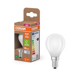 OSRAM Energy Class LED-Lampe in klassischer Miniballform, 3.8 W / 806 lm, EEK A, kaltweißes Licht (4000 K), CRI 80, aus gefrostetem bleifreiem Glas, E14 Sockel, IP20, 45 mm Durchmesser.