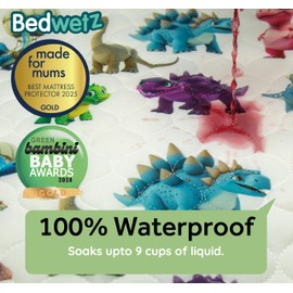 Bedwetz Potty Training Bed Pads | 100% Waterproof Mattress Protector | Bedwetting Sheets, size fits Single & Toddler Beds | Non Slip Mat with Side Wing Tucks | UK Brand | Dinosaur