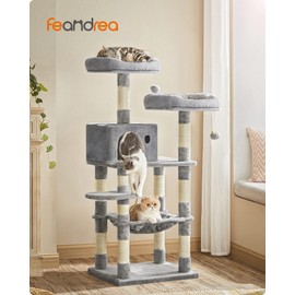 FEANDREA Cat Tree, Cat Tower for Indoor Cats, 56.3-Inch Cat Condo with Scratching Posts, Hammock, Plush Perch, Light Gray UPCT15W