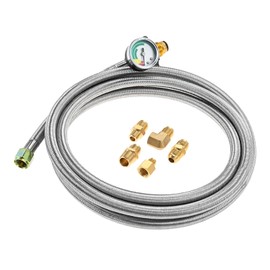 10FT Propane Gas Hose with 3/8" female flare fitting, Stainless Steel Braided POL Propane Tank Hose with Gauge and 5 Fittings Converter Adapters, Suitable for Heaters, Propane Grills, Fireplace