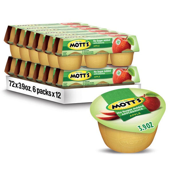 Mott's No Sugar Added Applesauce, 3.9 Ounce Cup, 6 Count (Pack of 12), No Added Sugars or Sweeteners, Gluten Free and Vegan