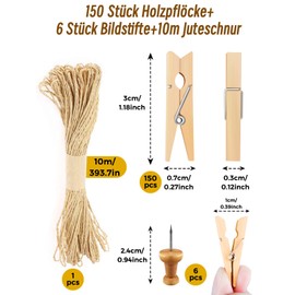 Furuising Pack of 157 3 cm Mini Clothes Pegs, Wooden Pegs, Natural Wooden Clothes Pegs with Jute Cord and Picture Needles, Natural for Hanging Photos, DIY Craft Decoration