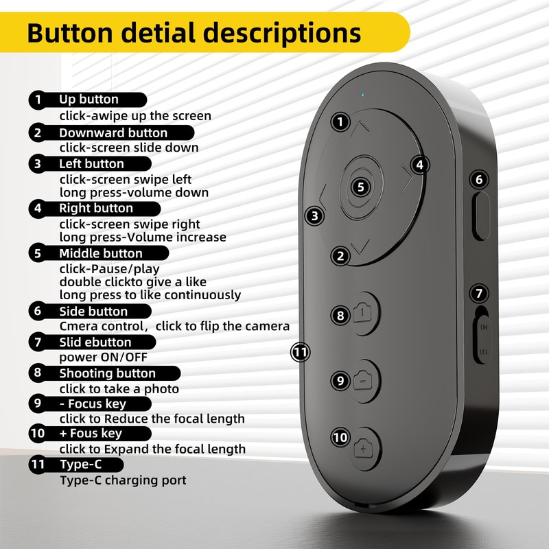 Bluetooth Camera Remote Shutter with Zoom and Front/Rear Camera Switch