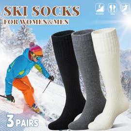 Eocom Unisex Merino Wool Ski Socks Thermal Warm Winter Thick Knee High Long Snowboarding Boot Socks for Women Men 3 Pairs(Black/White/Grey, Medium)