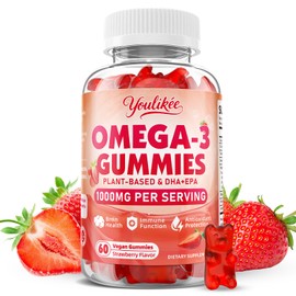 Vegan Omega-3 Gummies 1000mg, Omega 3 Fish Oil Alternative for Adults, Plant Based DHA 460mg & EPA 230mg w/Vitamin A, C, E - Supports Immune Function, Sugar Free, Strawberry Flavor, 60 Count