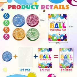 JellyArch 24 Sets Back to School Student Gifts Glitter Bouncy Balls for Kids with Motivational Cards 32mm 4 Colors Rubber Bounce Balls Bulk for Birthday Party Favors Classroom Prizes(Classic Style)