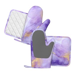 Oven Mitts and Pot Holders Pastel Purple Marble Silicone Kitchen Accessories Set of 4 Heat Resistant Long Gloves Potholder Non-Slip Grip for Chef Cooking Baking Grilling BBQ