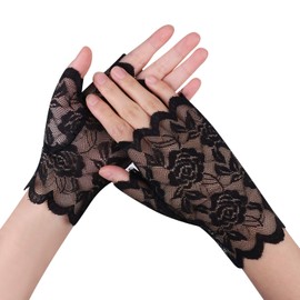 LONTG Women's Gloves, Finger Gloves, Lace Gloves, Black/White, 2-piece Set, Thin, Breathable, Summer, Half Gloves, UV Protection, Smartphone Compatible, Short Gloves, Wedding, Reception, After-party,