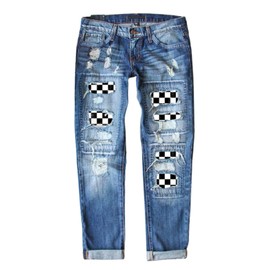 EVALESS Ripped Jeans for Women Boyfriend Distressed Patchwork Print Democracy Mom Jeans 2025 Fashion Wide Leg Losse Baggy Denim Bootcut Jeans Pants with Hole Blue X-Large