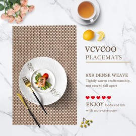 VCVCOO Placemats Set of 6 - Durable Dual Coffee Color Woven Plastic Vinyl Place Mats for Dining Table Deco, Wipeable Heat-Resistant Table Mats Anti-Slip for Indoor/Outdoor (17.7 x 11.8 inch)