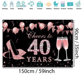 40th Birthday Decoration Happy 40th Birthday Backdrop for Women Birthday Party Background, Shining Glitter Diamonds Elements, RoseGold Party Banner Photo Studio Props, 150 cm x 90 cm
