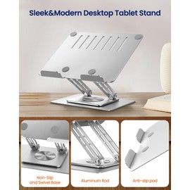 MESWAO Tablet Stand Holder for Desk with 360° Rotating Base, Dual Rod Adjustable & Foldable Aluminum Stand for Home Office Compatible with 11’’-16’’ Tablets, Silver
