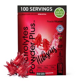 PowderVitamin- Electrolitos en Polvo Plus (100 Porciones) Hibiscus Electrolito Polvo Cero Calorías Ceto,0 Azúcar, Sin Maltodextrina,1000mg de Potasio 