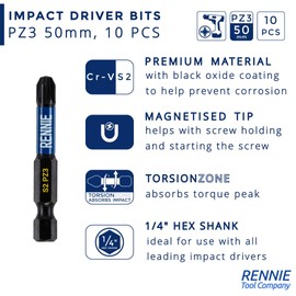 10 x Rennie Tools 50mm Long PZ3 Impact Screwdriver Driver Bits Set. Heavy Duty PoziDriv POZI No.3 Magnetic Screwdriver Bit Set. PZ3 Impact Driver Bits Pozidrive Screw Accessories.
