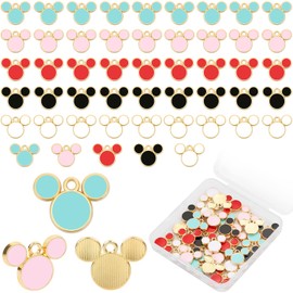 CCOZN 50 Pcs Mouse Charms, 5 Colors Mouse Head Pendant Key Ring Colorful Acrylic Mouse Beads for Women Girls DIY Crafting Cartoon Mouse Keychains with Box