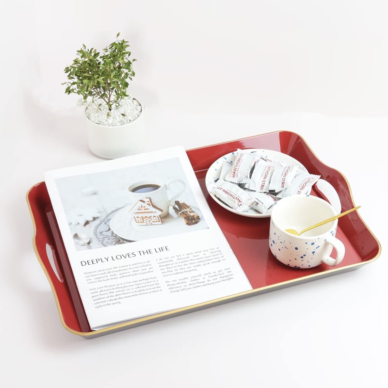 Spsyrine Large Red Decorative Tray, Elegant Plastic Serving Tray with