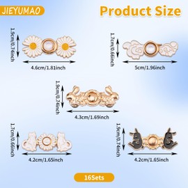 JIEYUMAO Pant Waist Tightener, 16 Sets Adjustable Waist Buckle Extender Set, 8 Styles Reusable Waist Cincher Clip, Jean Button Pins Pants Button Tightener for Jeans Skirts