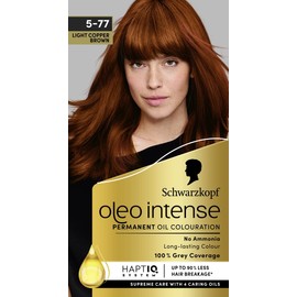 Schwarzkopf Oleo Intense Permanent Oil Colour 5-77 Light Copper Brown Hair Dye, 100% Grey Coverage, Conditioner with HaptIQ System, Long-Lasting Colour, Ammonia Free Hair Dye