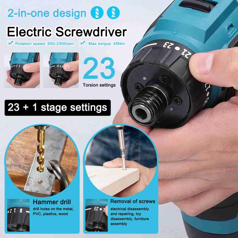 18V Lithium Screwdriver Adjustable 2 Speed Control Modes Multifunctional Repairing