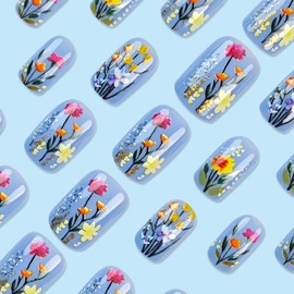 Short Press on Nails Blue Fake Nails with 3D Flowers Designs - Square Acrylic Nails Spring Full Cover Nails Press ons Cute & Glossy False Nails for Women 24 Pcs