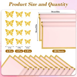 cridoz 20 Sheets Flower Bouquet Wrapping Paper with 12 Pieces Gold Butterfly Decorations for Flower Bouquets, Waterproof Floral Bouquet Wrapping Paper for Flower, Gift Wrapping(Pink)
