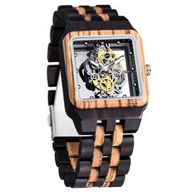 Tiong Men's Wooden Watch Wood Bamboo Rectangular Hollow Skeleton of the Gear Men's Watches Analogue Quartz Wooden Watches for Men, Wq1010-Brown, Retro