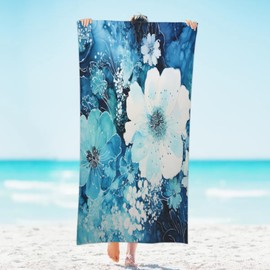 KOBLEN Toalla de playa de gran tamaño con flores azules, para mujeres y niñas, toalla de microfibra ligera a prueba de arena, secado rápido, 31 x 61 pulgadas, adecuada para piscina, yoga, toalla de