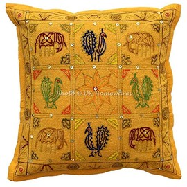 DK Homewares Indian Sofa Cushion Cover 40 x 40 cm Cotton Mango Yellow Embroidered Cushion Covers Boho Style Sequins Elephant Boho Square Cushion Cover - 1 Piece (Cover Only)
